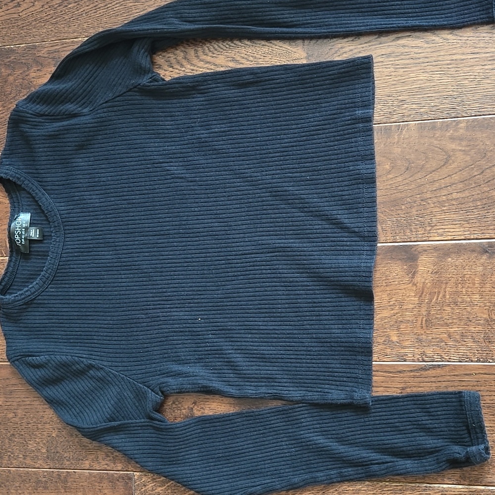 Top Shop Black Ribbed Cropped Long Sleeve Crew Top Size 8 Topshop